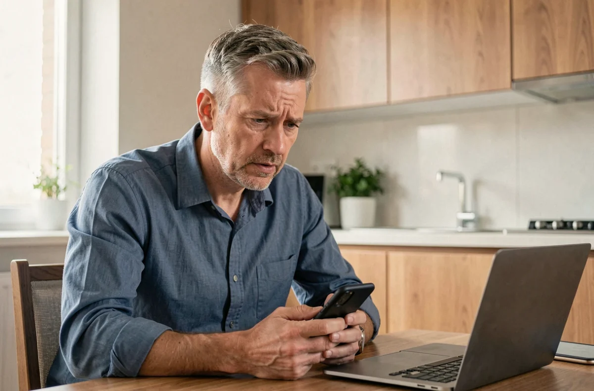 Homme en télétravail lisant un message sur son téléphone avec une expression préoccupée, évoquant une absence ou un justificatif professionnel