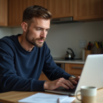 Homme d'âge moyen travaillant sur un ordinateur dans une cuisine chaleureuse