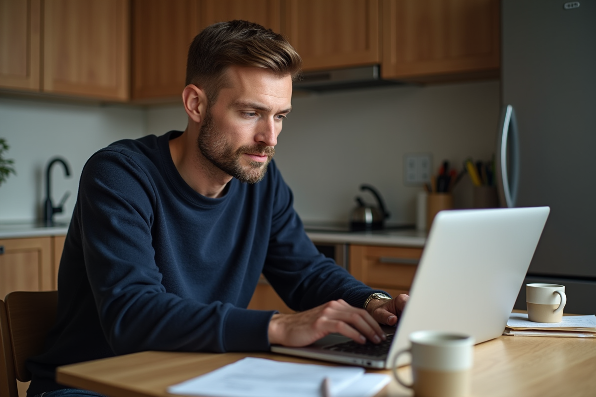 Homme d'âge moyen travaillant sur un ordinateur dans une cuisine chaleureuse