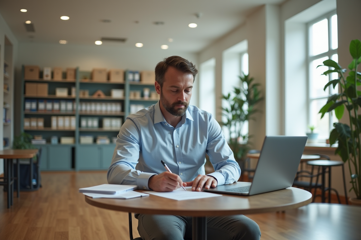 Homme concentré remplissant des formulaires dans un bureau moderne