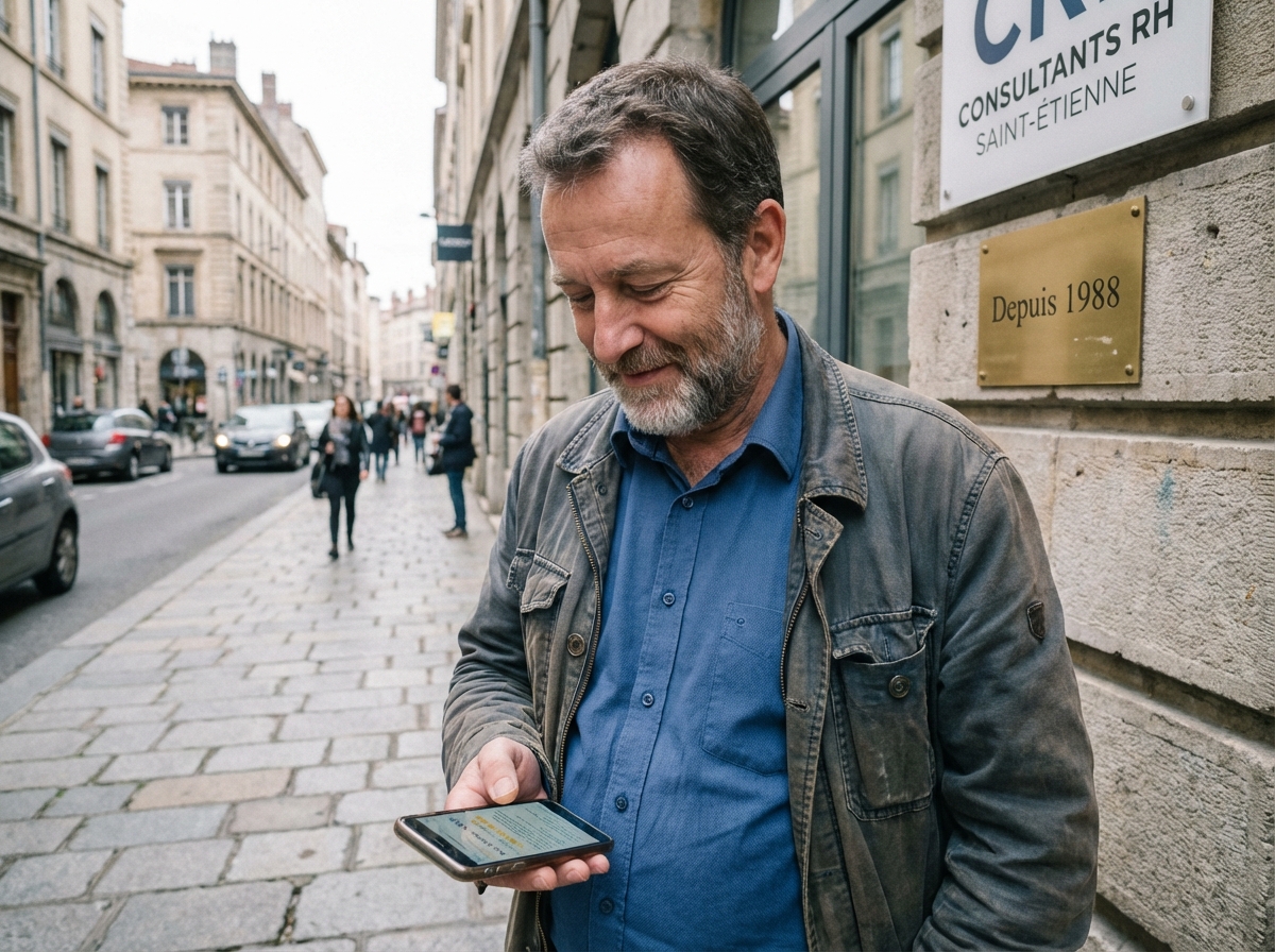 Homme avec smartphone devant une agence de SaintÉtienne