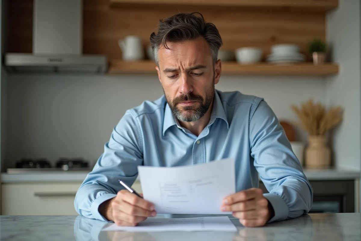 Homme concentré vérifiant son relevé bancaire à la maison