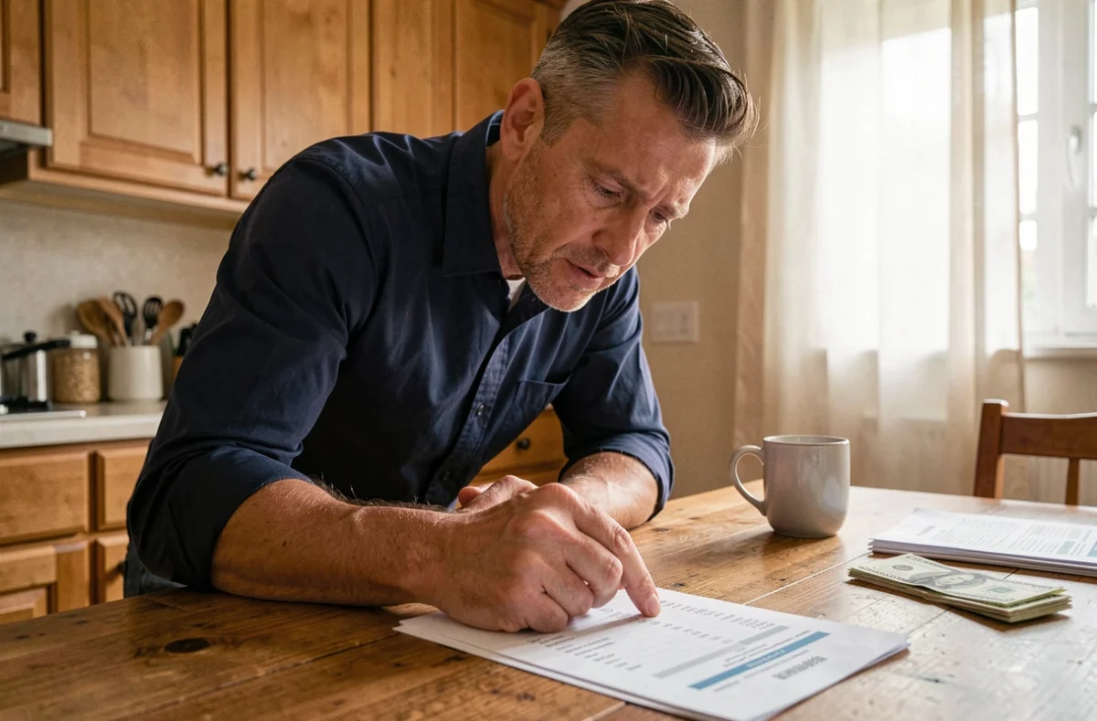 Homme examinant une facture à domicile, vérifiant les mentions légales avant approbation