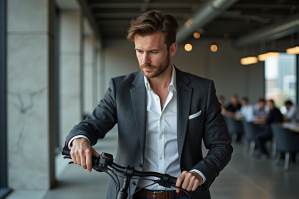 Homme confiant en costume regardant un vélo électrique moderne