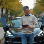 Homme d'âge moyen vérifiant une voiture électrique extérieure