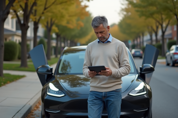 Homme d'âge moyen vérifiant une voiture électrique extérieure