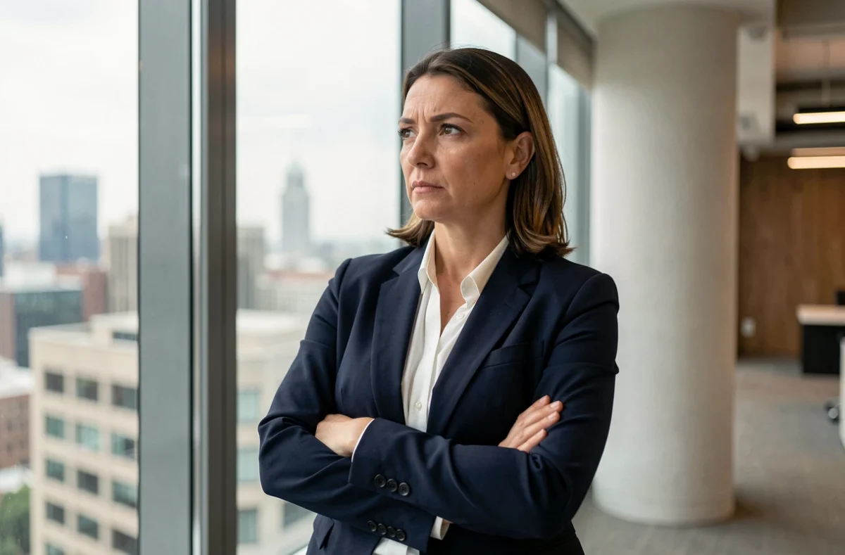 Femme en blazer marine regardant par la fenêtre d'un bureau, symbolisant les doutes liés au portage salarial