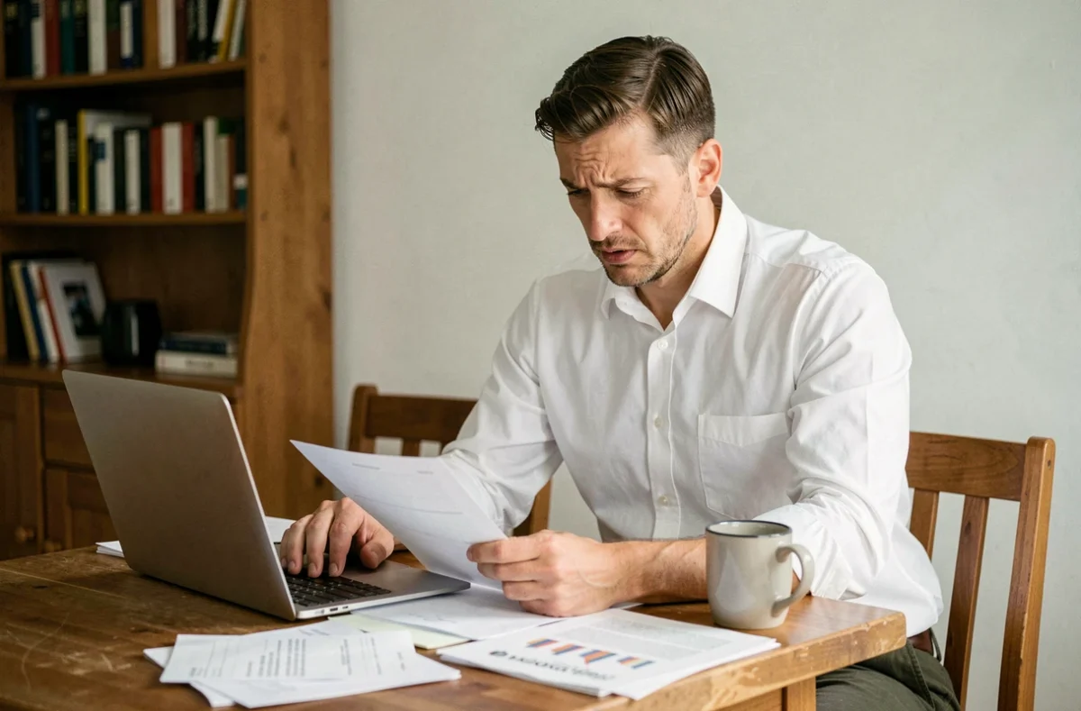 Travailleur indépendant à domicile analysant les contraintes financières du portage salarial avec des documents épars