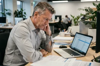 Homme en chemise grise assurant une réflexion sur les inconvénients du portage salarial face à des documents financiers