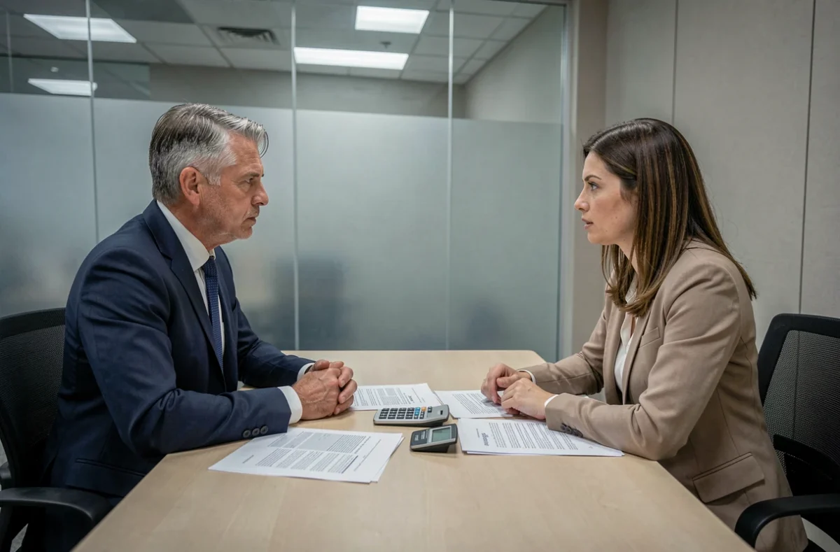 Deux professionnels en réunion discutant des inconvénients financiers et contractuels du portage salarial