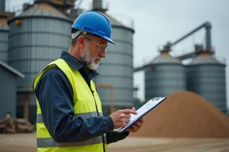 Ingénieur inspectant une centrale de bioénergie avec silos et biomasse en arrière-plan
