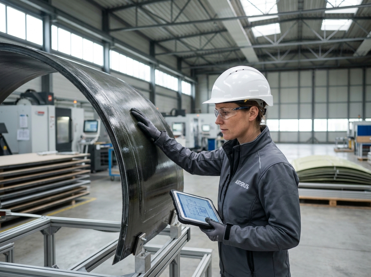 Ingénieure inspectant un composant en matériau composite dans une usine industrielle spécialisée en fabrication professionnelle