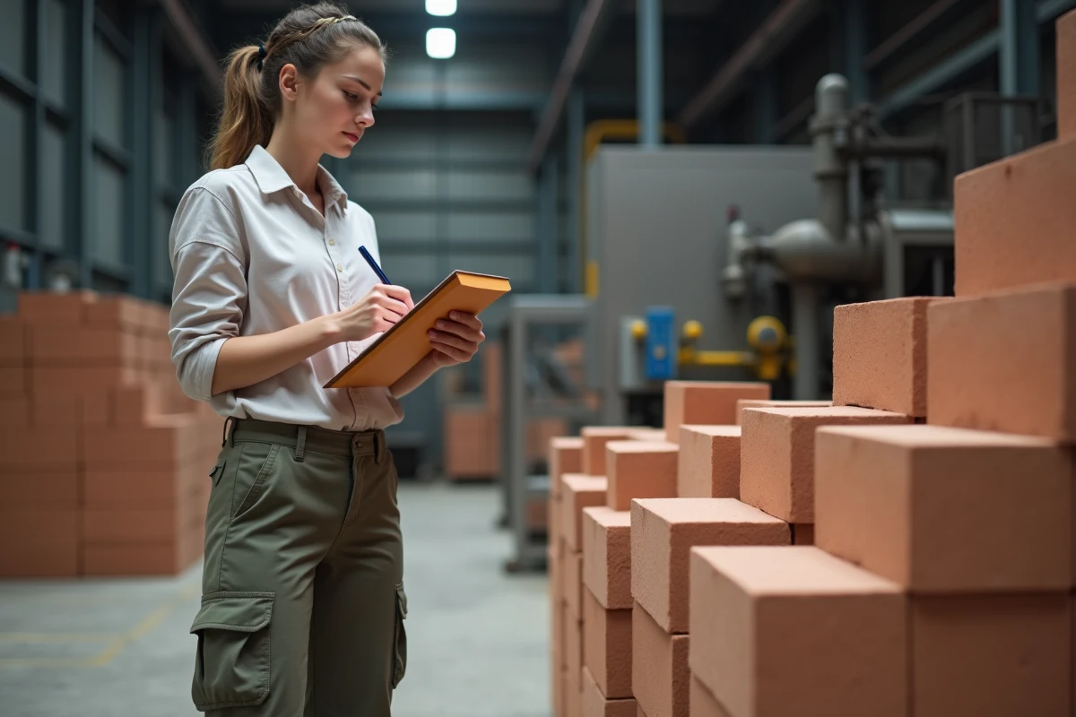 Jeune femme inspectant des briques dans une usine moderne