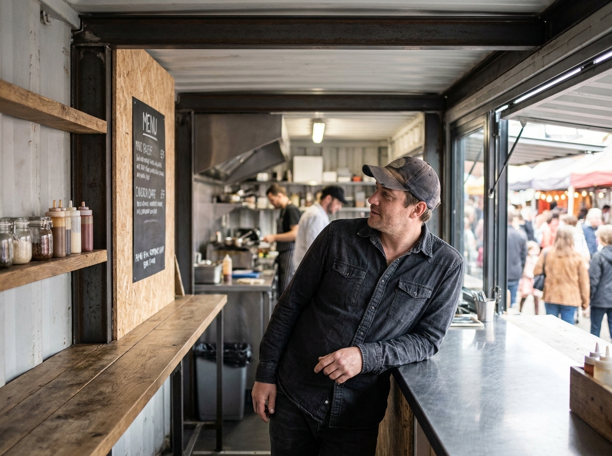 Intérieur d'un container aménagé en restaurant de rue avec décor industriel et menu ardoise