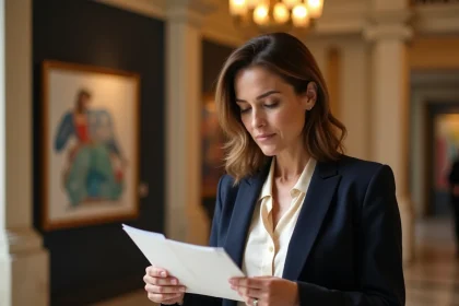 Femme élégante examinant une invitation à un événement culturel dans le hall d'un lieu culturel raffiné