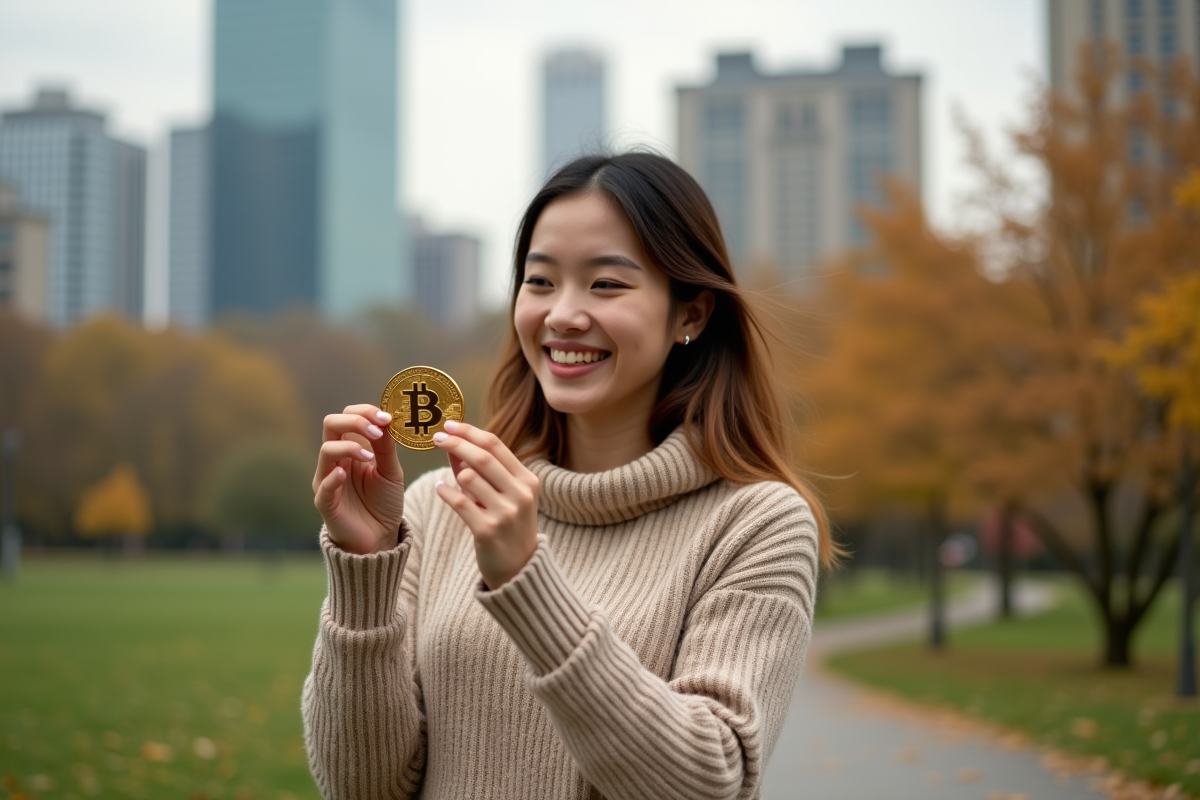 Jeune femme examinant une pièce Bitcoin en plein air