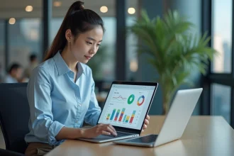 Jeune femme au bureau avec ordinateur et dashboards colorés