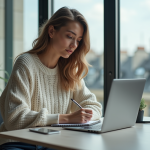 Jeune femme au bureau parisien en train de prendre des notes