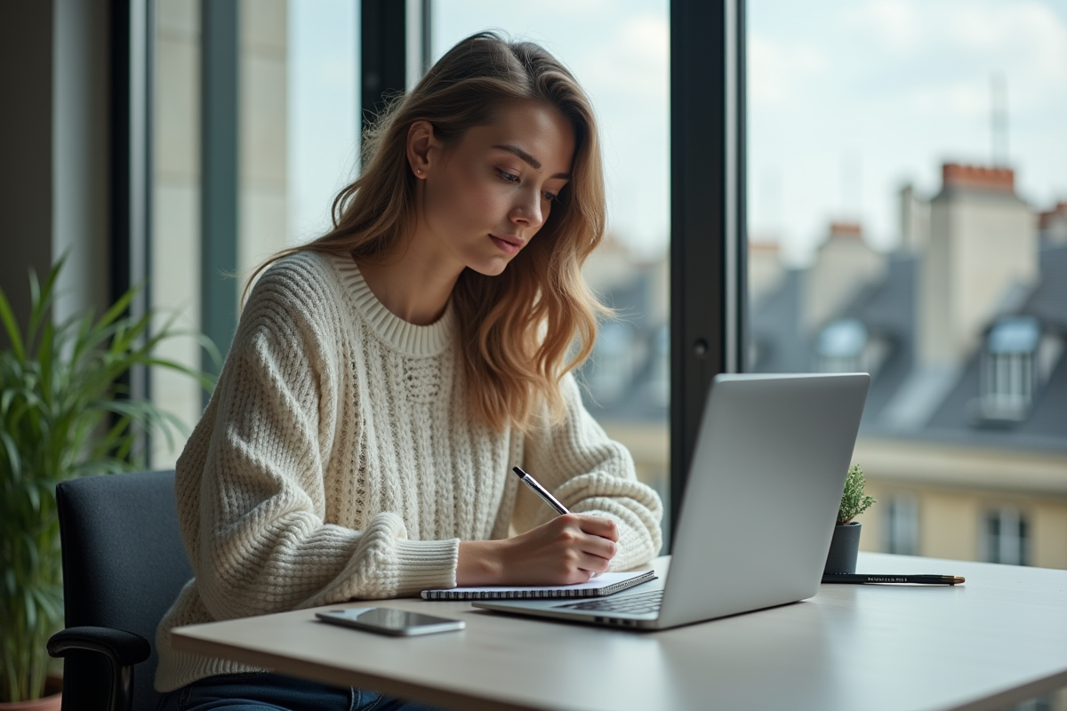Jeune femme au bureau parisien en train de prendre des notes