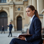 Jeune femme en costume devant le Palais de Justice à Paris