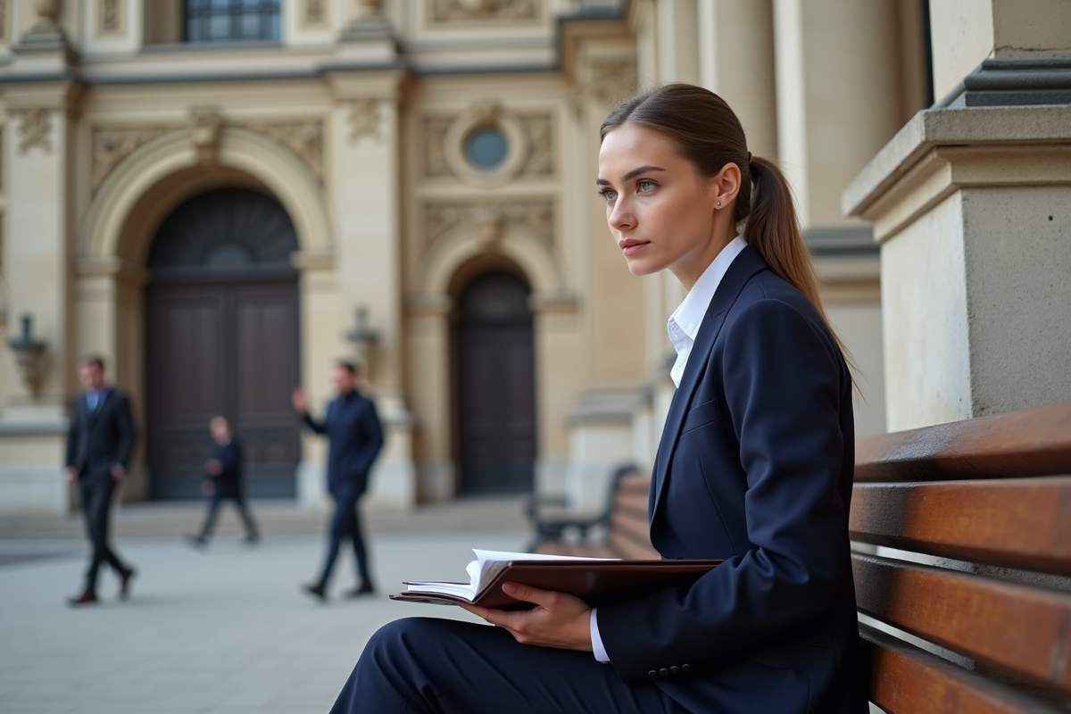 Jeune femme en costume devant le Palais de Justice à Paris