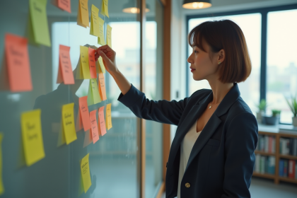 Jeune femme organisée avec des notes colorées dans un bureau moderne