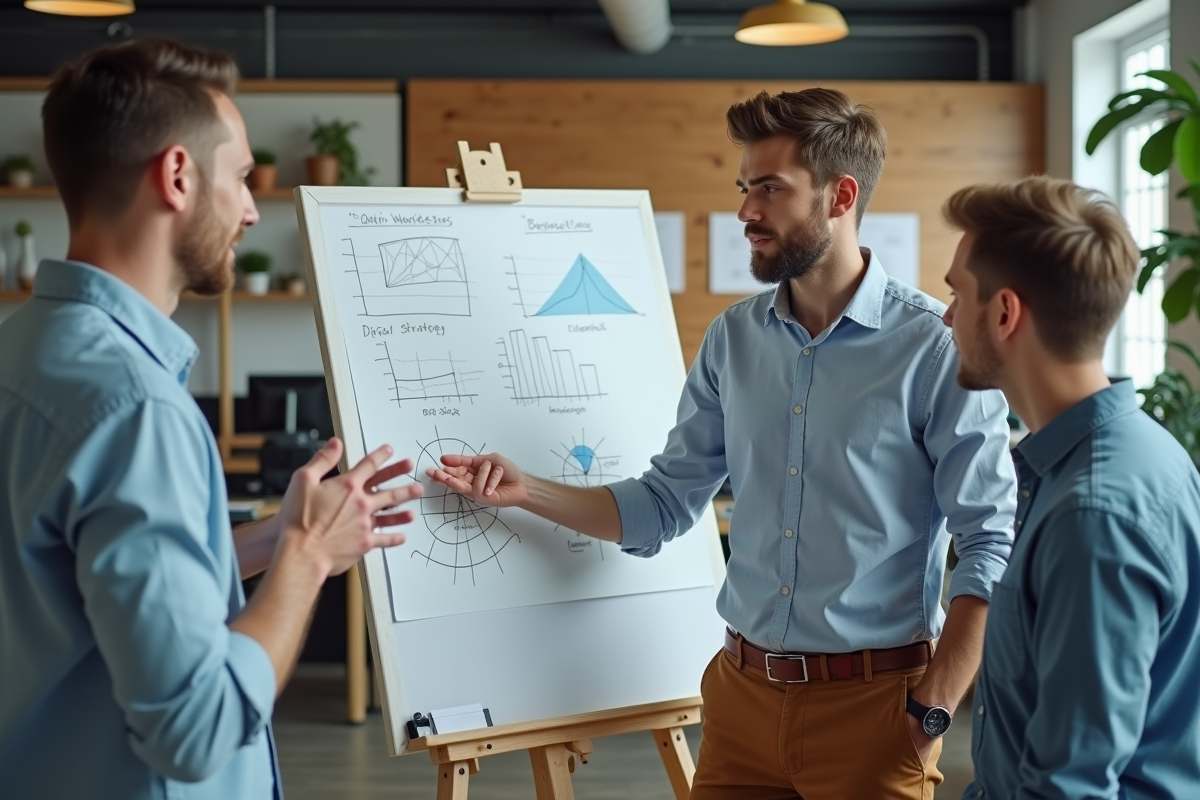 Jeune homme expliquant une strategie marketing avec collègues
