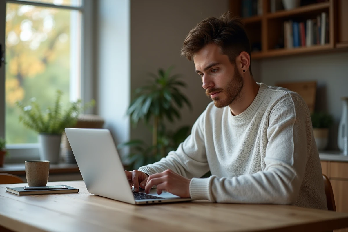 Jeune homme utilisant un ordinateur portable dans un intérieur cosy