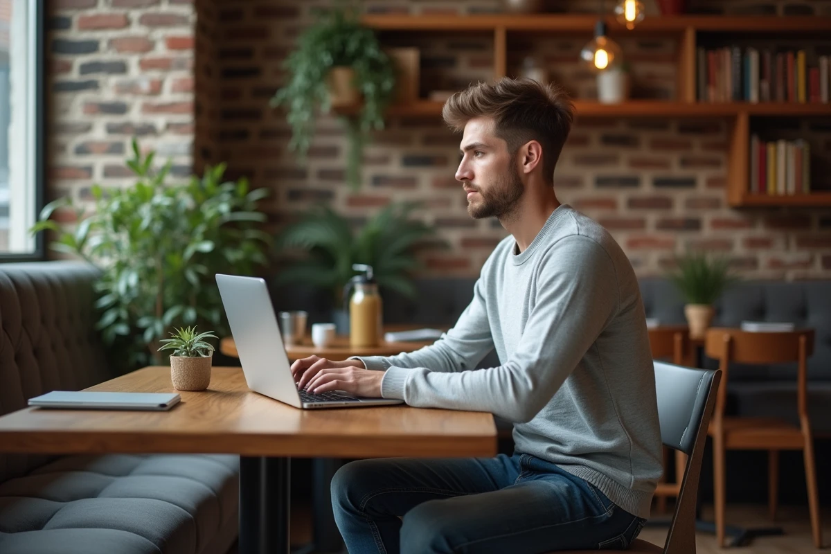 Jeune homme méditant sur son ordinateur dans un café chaleureux