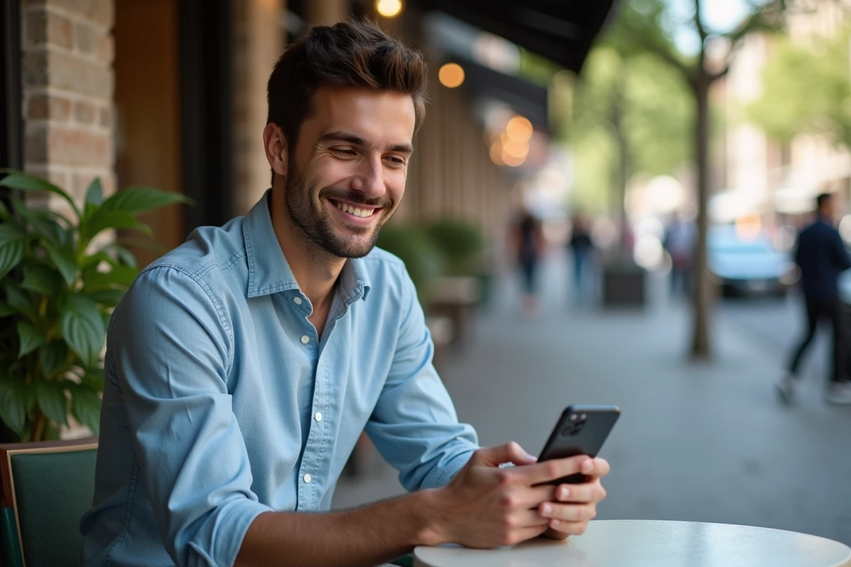 Jeune homme au café vérifiant ses contacts sur smartphone