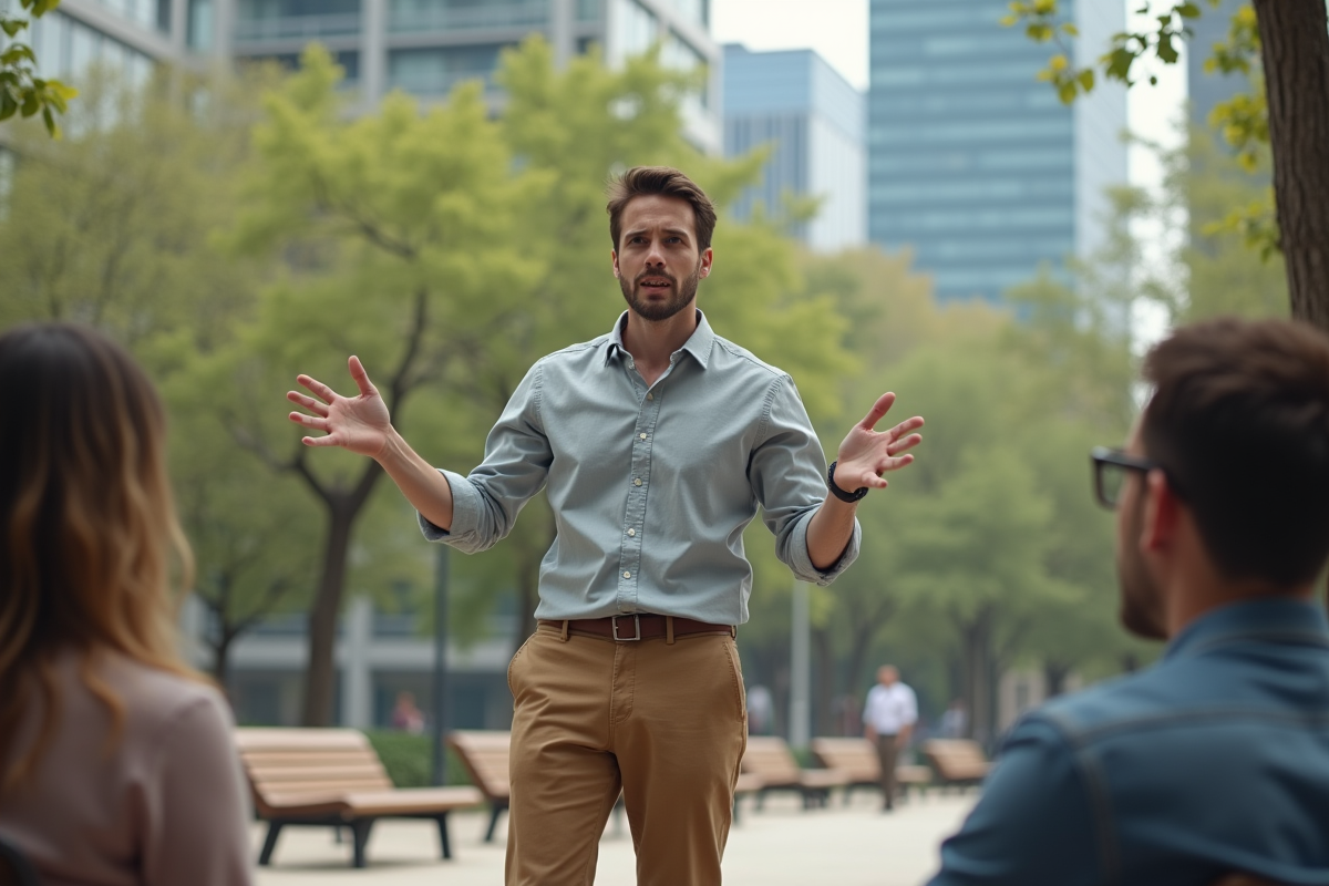 Jeune homme dynamique parlant avec collègues en plein air
