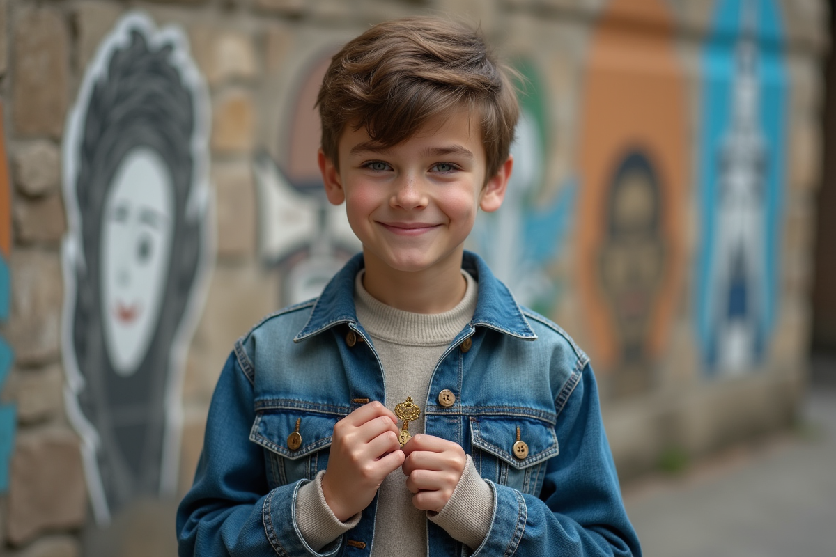 Jeune homme accrochant un emblème sur sa veste en denim dehors