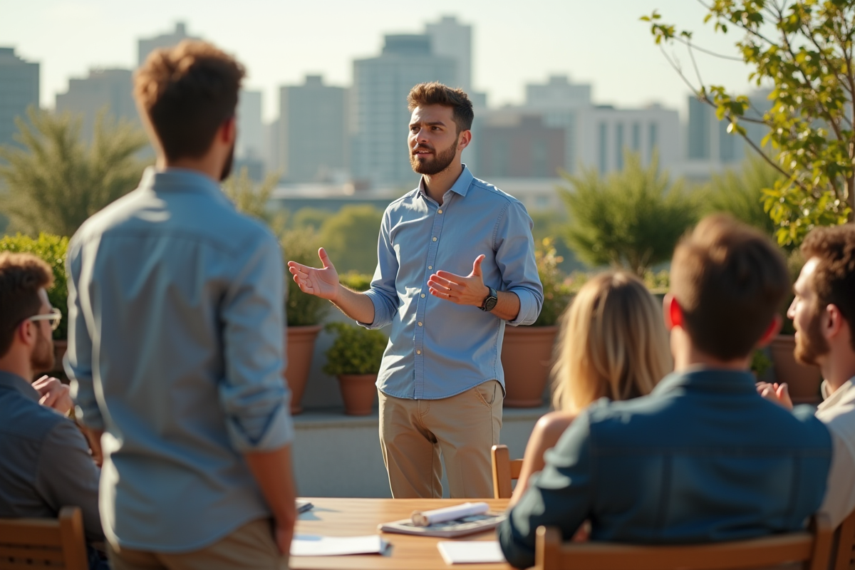 Jeune homme charismatique parlant à une équipe en extérieur