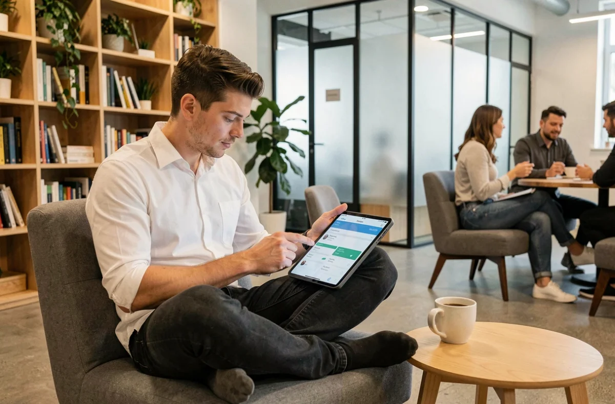 Jeune professionnel consultant une plateforme de réservation de coworking sur tablette dans une salle de détente à La Garde