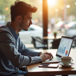 Jeune professionnel analysant des données sociales dans un café lumineux