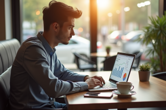Jeune professionnel analysant des données sociales dans un café lumineux