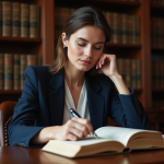 Jeune juriste femme en bibliothèque de droit