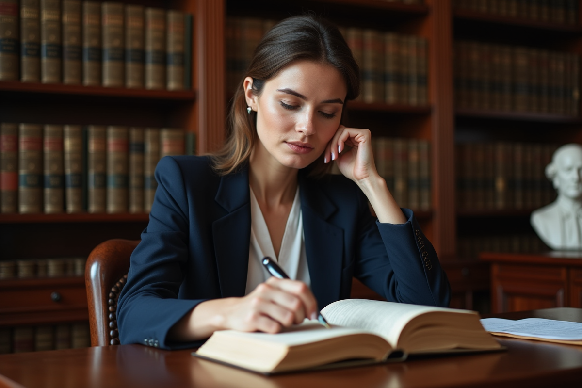 Jeune juriste femme en bibliothèque de droit