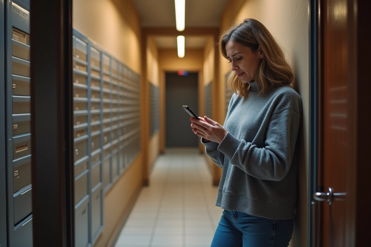 Femme frustrée devant sa porte avec notification de livraison manquée