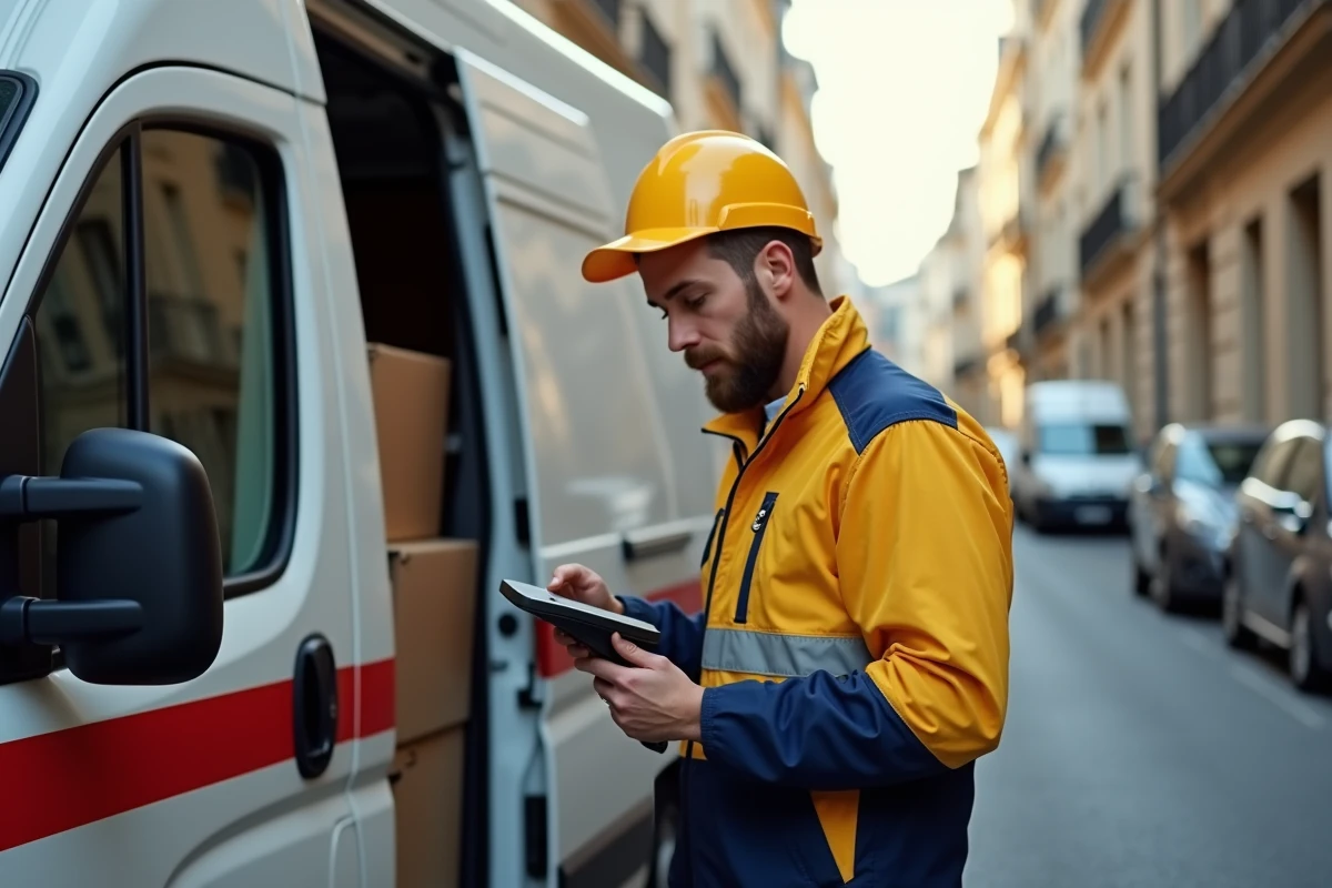 Livreur consultant son scanner devant son camion de livraison dans une rue de Lyon 8