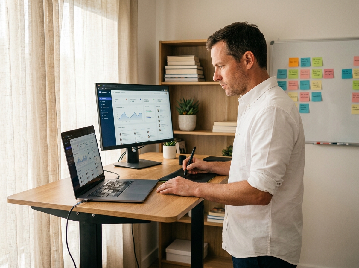Manager utilisant un logiciel tout-en-un de gestion des candidatures depuis un bureau à domicile ergonomique