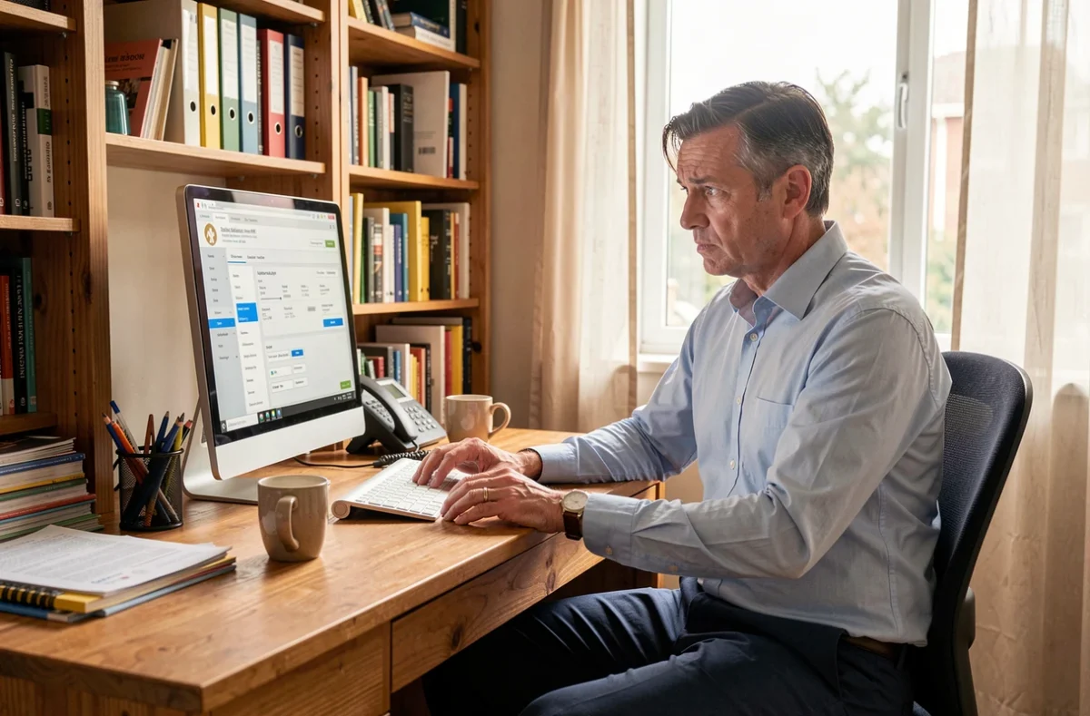 Homme en télétravail confronté à un logiciel RH qui plante sur son ordinateur de bureau à domicile