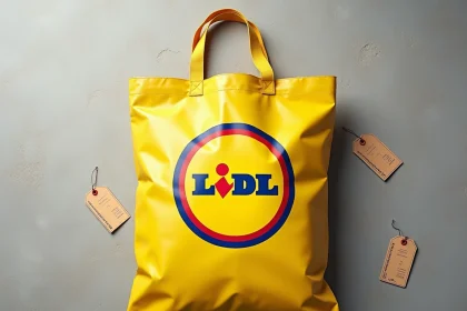 Logo Lidl en gros plan sur un sac shopping brillant posé sur béton, détail des couleurs jaune rouge et bleu