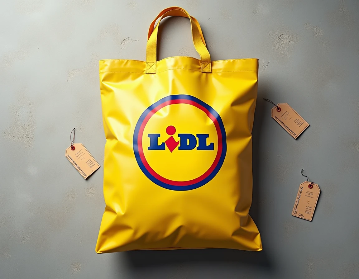 Logo Lidl en gros plan sur un sac shopping brillant posé sur béton, détail des couleurs jaune rouge et bleu