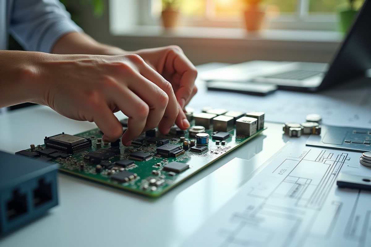 Mains assemblant des composants informatiques sur un bureau blanc