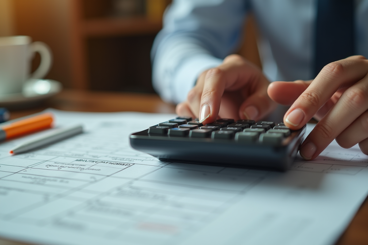 Main utilisant une calculatrice avec documents et surlignants