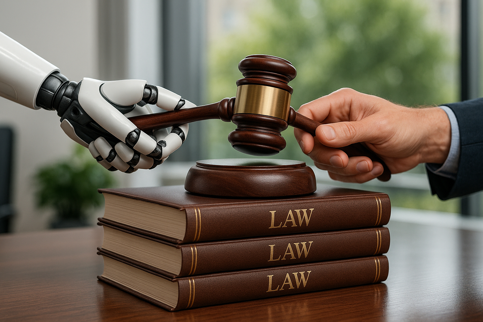 Main robotique et main humaine tenant un marteau de justice sur un bureau ensoleille