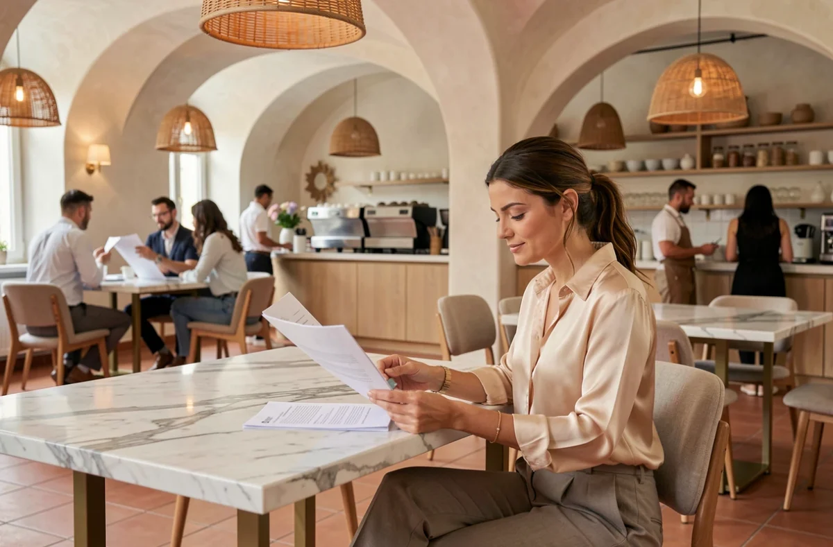 Femme élégante travaillant dans Mama Works Bordeaux, un espace de coworking haut de gamme au style boutique avec tables en marbre et bar à café