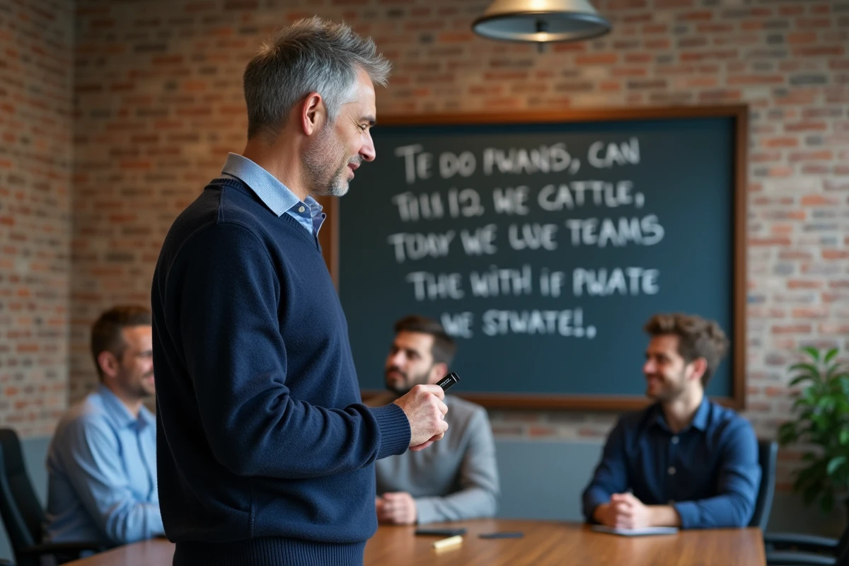 Manager écrivant une citation sur l'esprit d'équipe sur un tableau noir devant ses collègues en salle de réunion