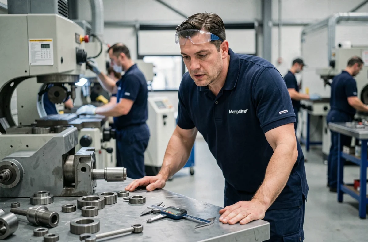 Technicien industriel en polo Manpower travaillant sur un établi dans une usine de Seine-et-Marne